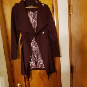 Guess Burgundy Deep Wine Wool Blend Trench Coat with Floral Lining Designer